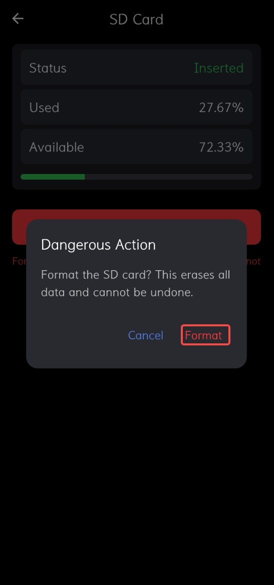 Status - SD Card - Format SD Card