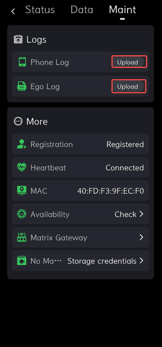Maintenance - Log Upload