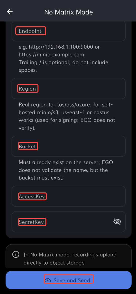 Save and send No Matrix Mode configuration
